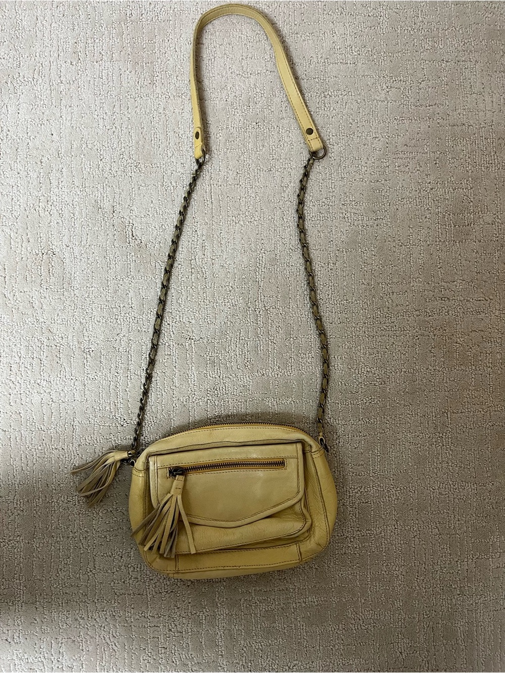 Day & Mood Yellow Leather Crossbody with Tassel Pocket Accent